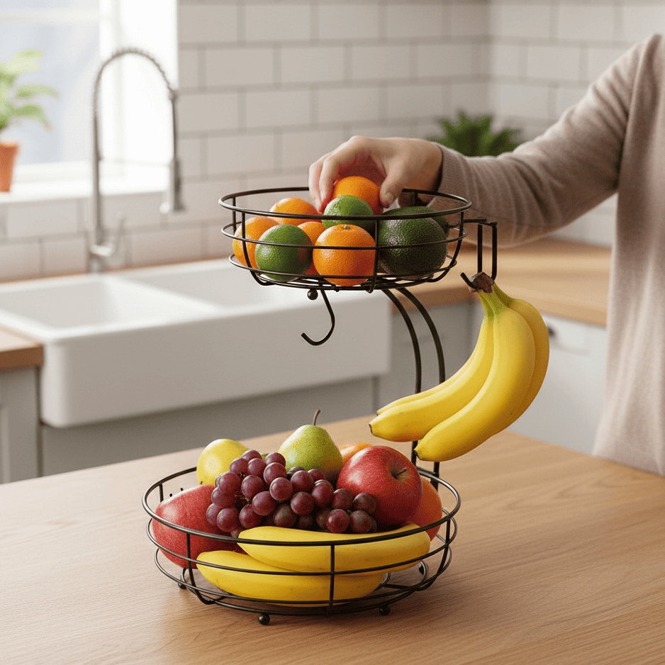 NovaLeaf Two-Tier Fruit Basket With Banana Holder For Stylish Kitchen Organization | Temsk