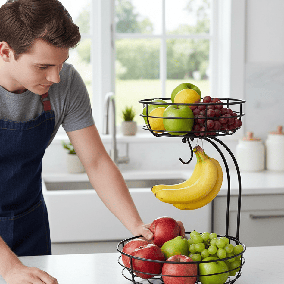 NovaLeaf Two-Tier Fruit Basket With Banana Holder For Stylish Kitchen Organization | Temsk