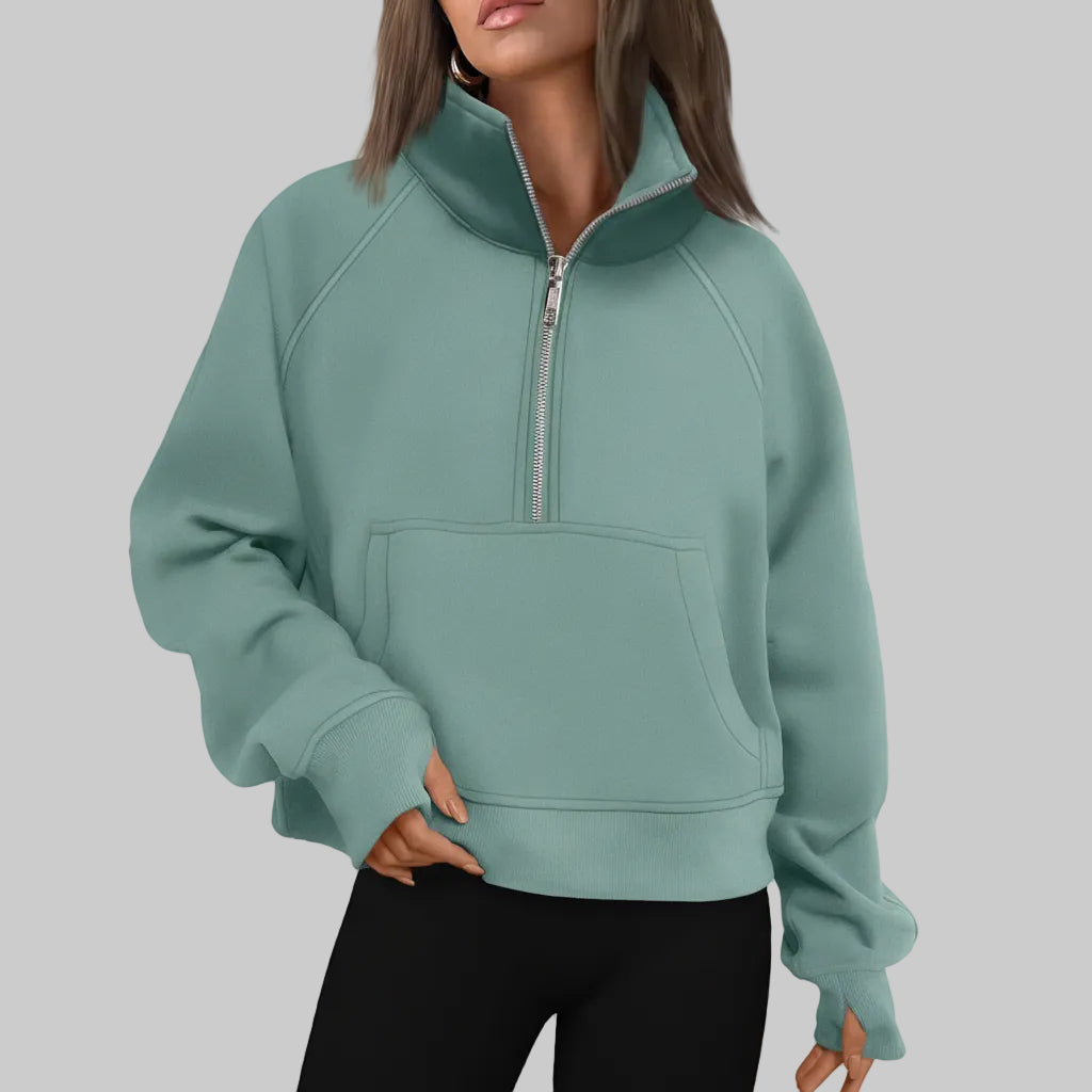 Kvinders cropped fleece-sweatshirt med halv lynlås til daglig varme | Temsk