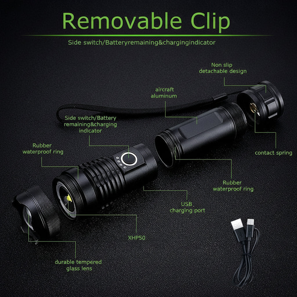 Rechargeable LED Flashlight With Adjustable Zoom In Aluminum Body | Temsk