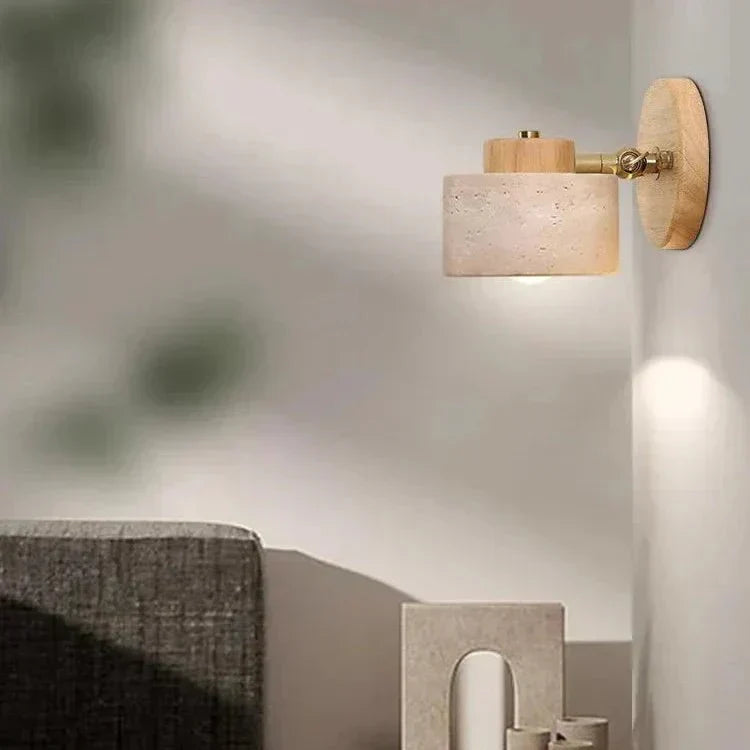 LED Wall Sconce With Minimalist Travertine Cylinder And Wood Base | Temsk
