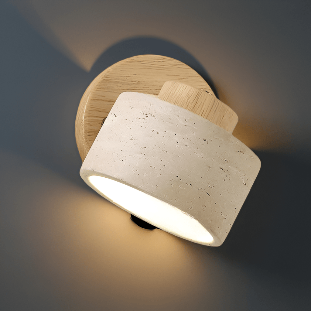 LED Wall Sconce With Minimalist Travertine Cylinder And Wood Base | Temsk