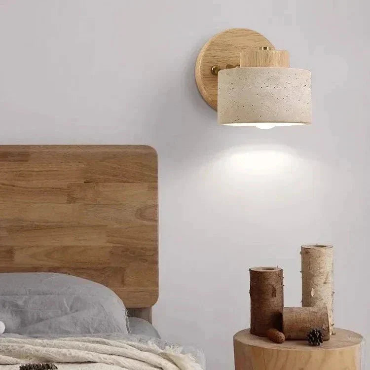 LED Wall Sconce With Minimalist Travertine Cylinder And Wood Base | Temsk