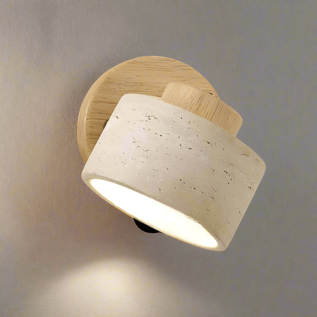 LED Wall Sconce With Minimalist Travertine Cylinder And Wood Base | Temsk