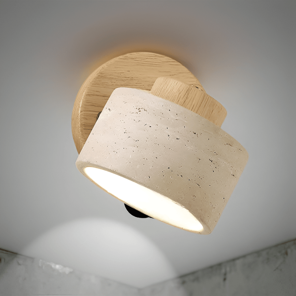 LED Wall Sconce With Minimalist Travertine Cylinder And Wood Base | Temsk