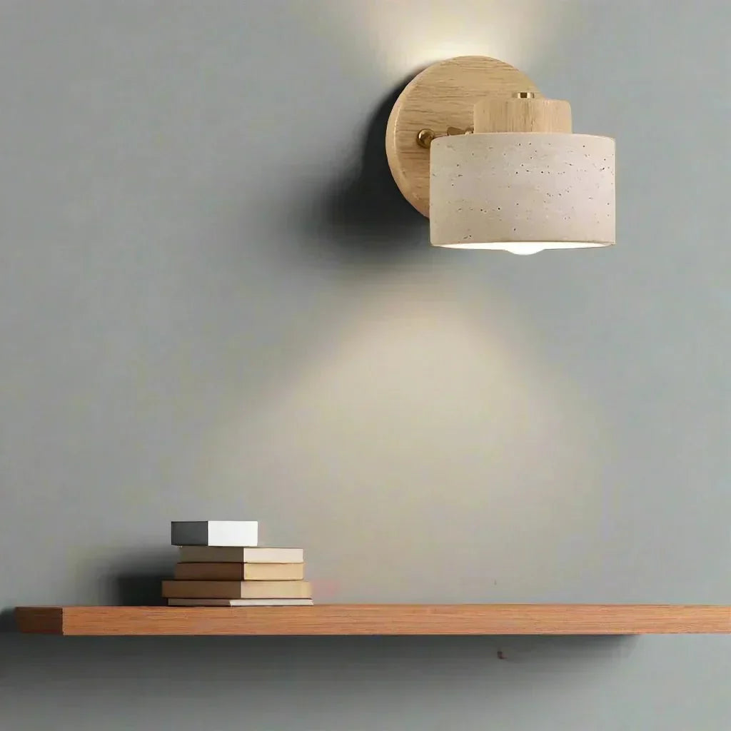 LED Wall Sconce With Minimalist Travertine Cylinder And Wood Base | Temsk