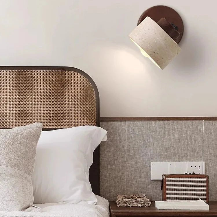 LED Wall Sconce With Minimalist Travertine Cylinder And Wood Base | Temsk