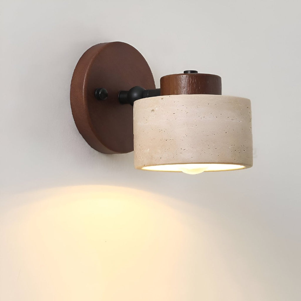 LED Wall Sconce With Minimalist Travertine Cylinder And Wood Base | Temsk