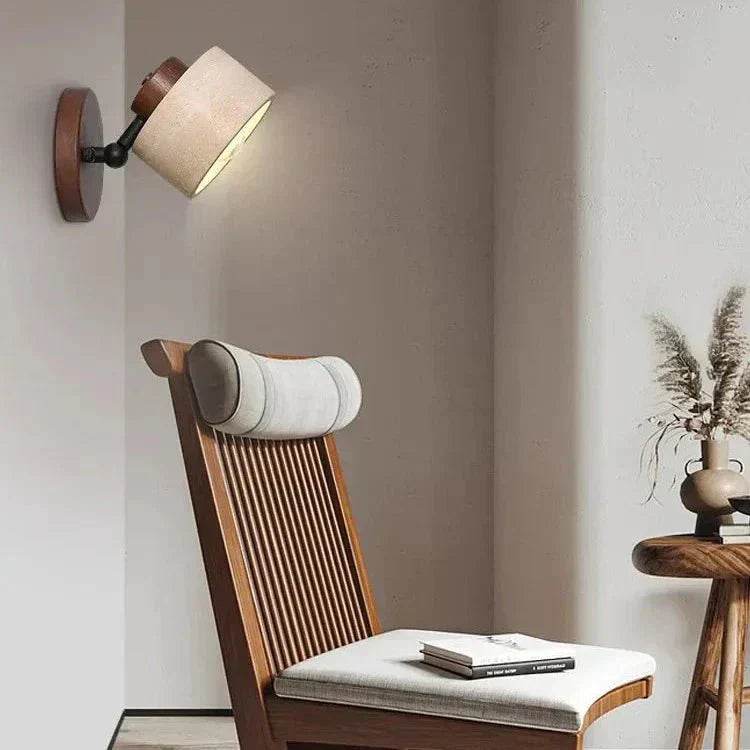 LED Wall Sconce With Minimalist Travertine Cylinder And Wood Base | Temsk