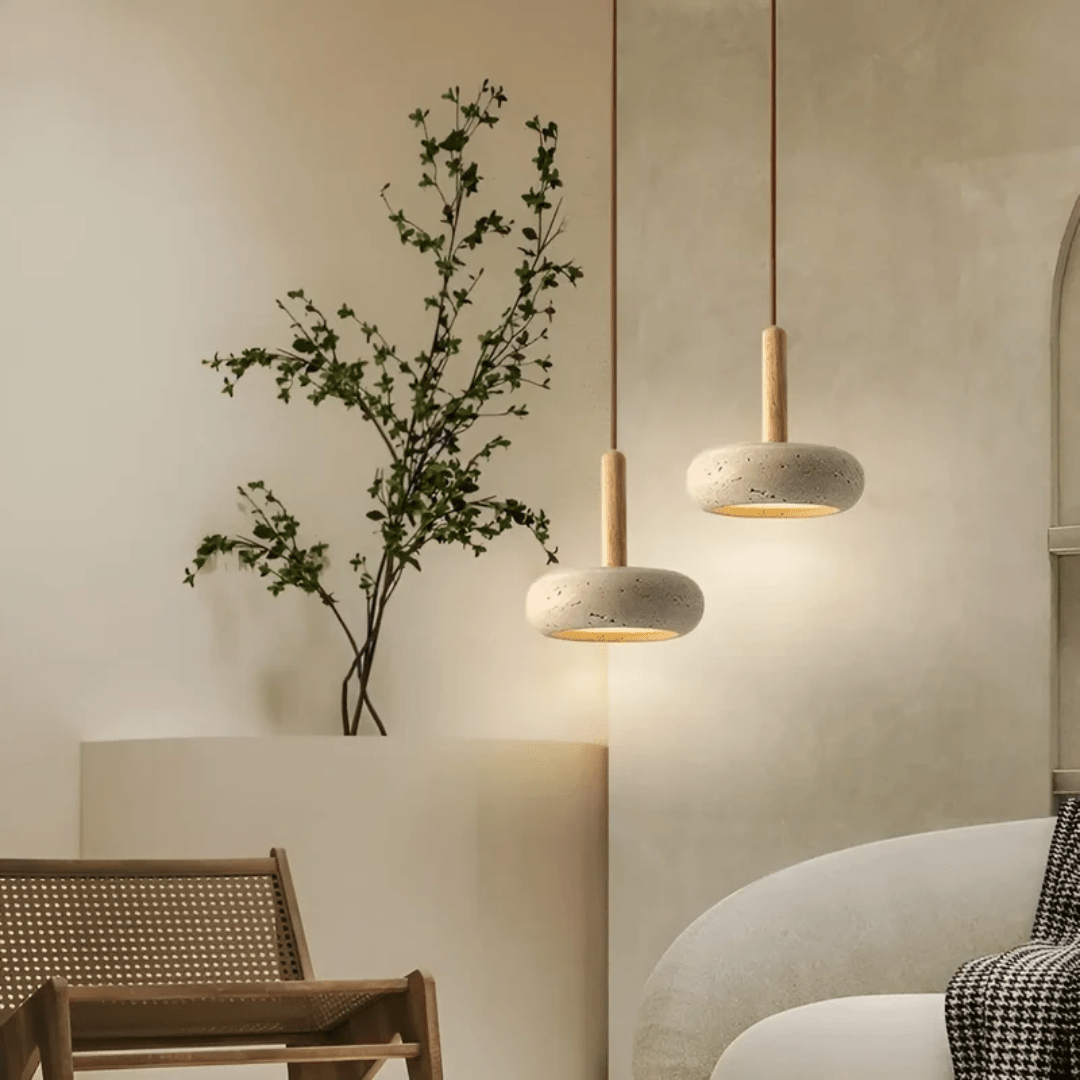 CalmStone LED Retro Ceiling Light With Wood And Stone For Serene Ambiance | Temsk