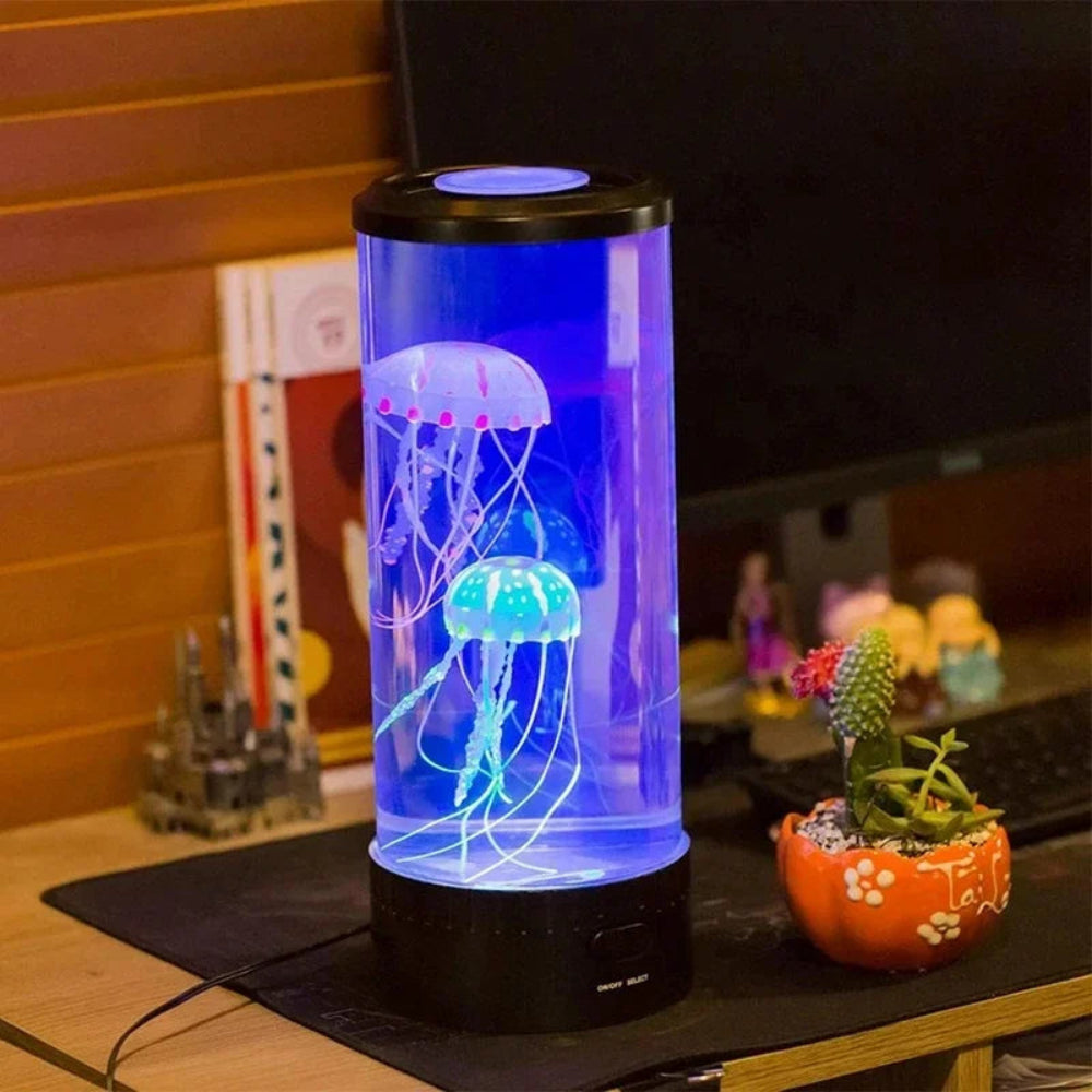 LED Jellyfish Table Lamp With Color Display In Clear Cylinder Decor | Temsk