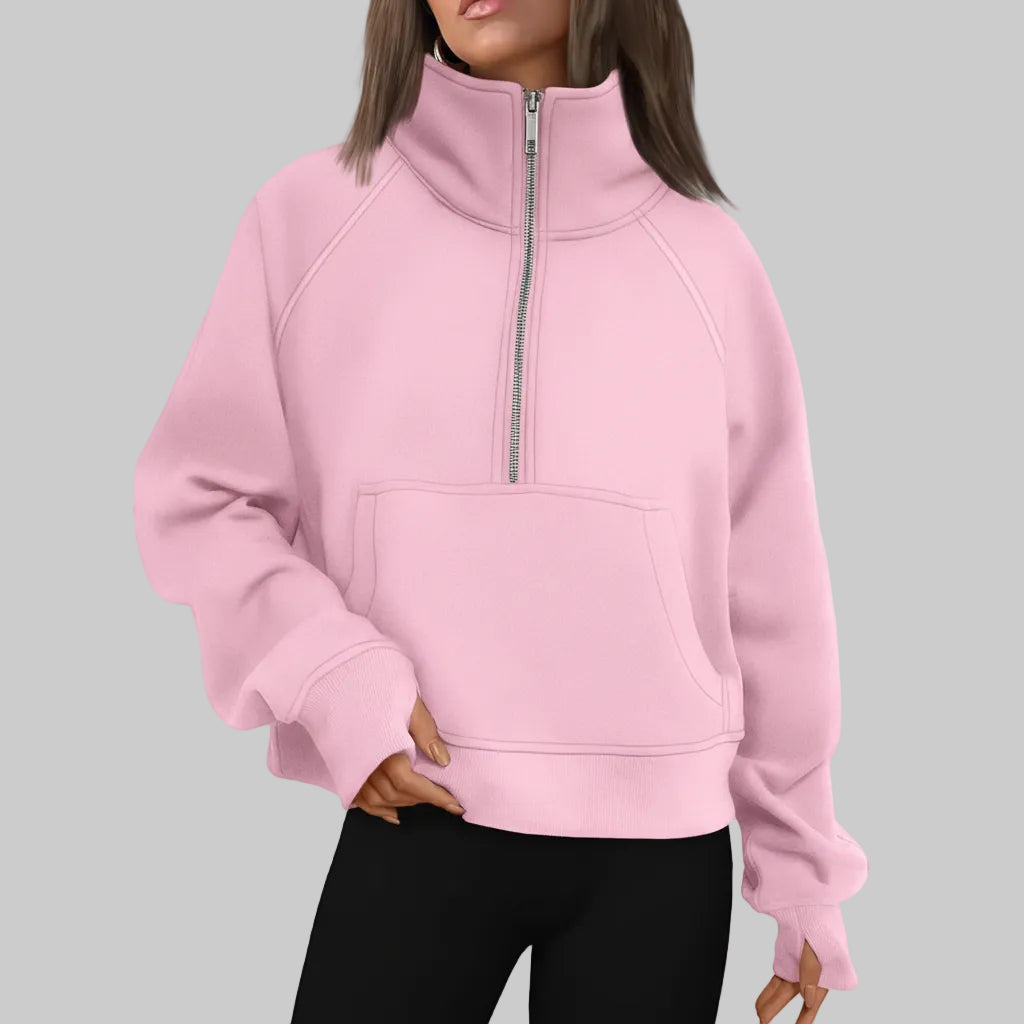 Kvinders cropped fleece-sweatshirt med halv lynlås til daglig varme | Temsk