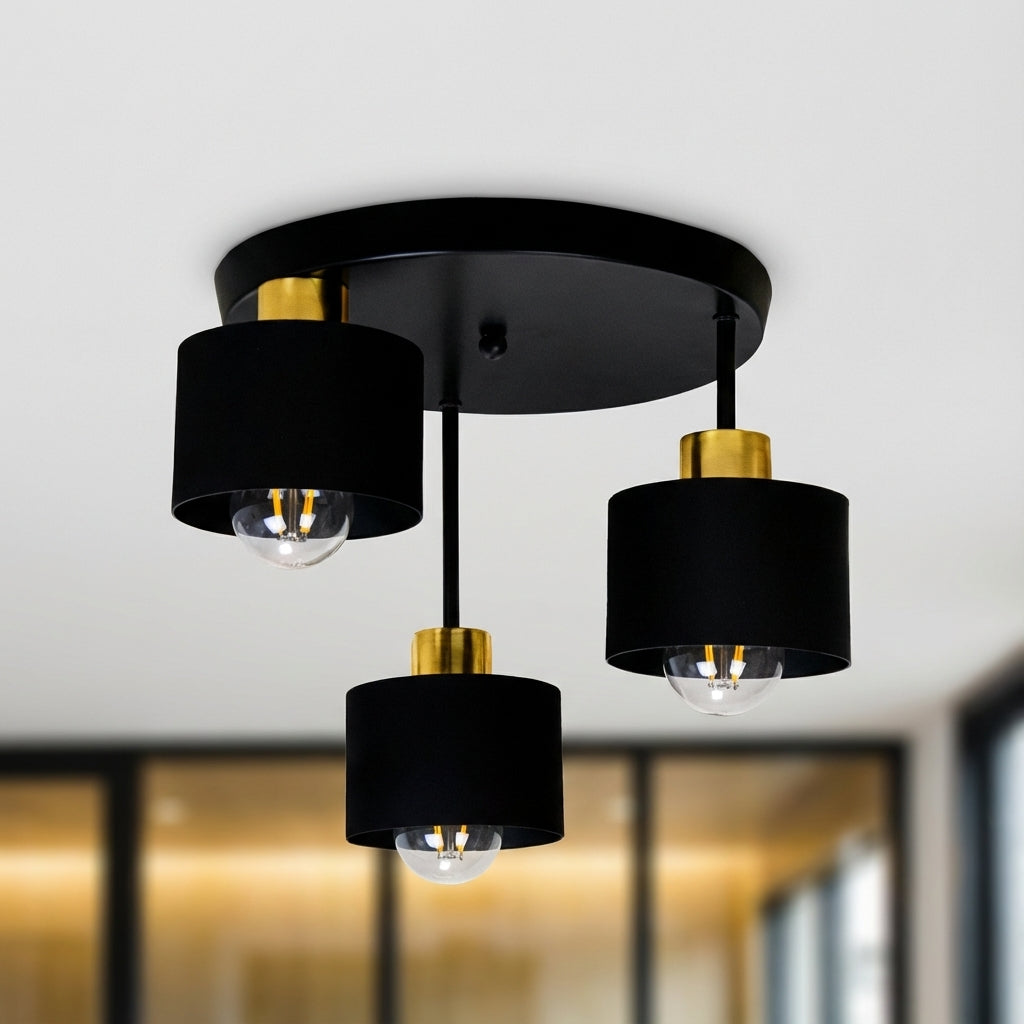 Three Light Black And Gold Ceiling Lamp With E27 Sockets | Temsk