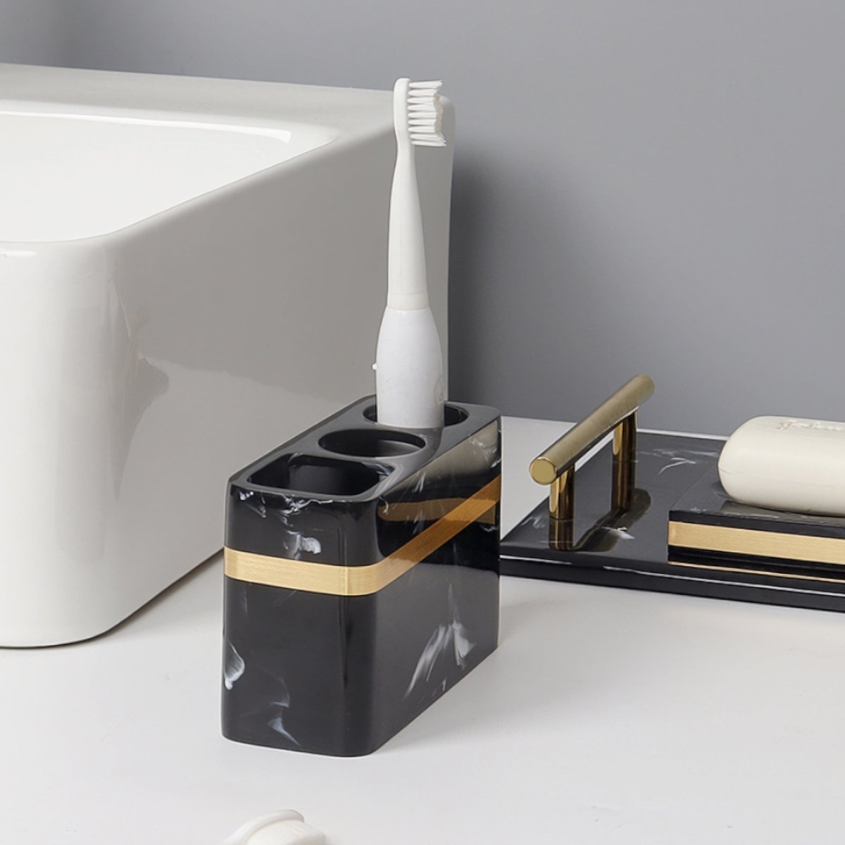 Regal Black Marble Presentation Tray With Gold Rim For The Bathroom | Temsk