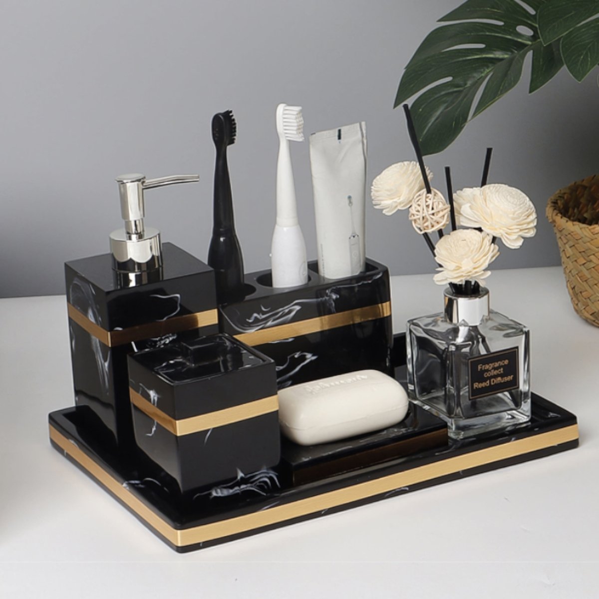 Regal Black Marble Presentation Tray With Gold Rim For The Bathroom | Temsk
