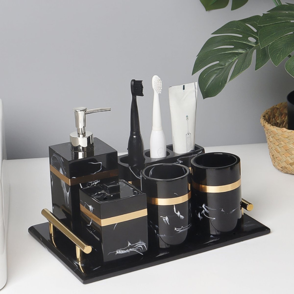 Regal Black Marble Presentation Tray With Gold Rim For The Bathroom | Temsk