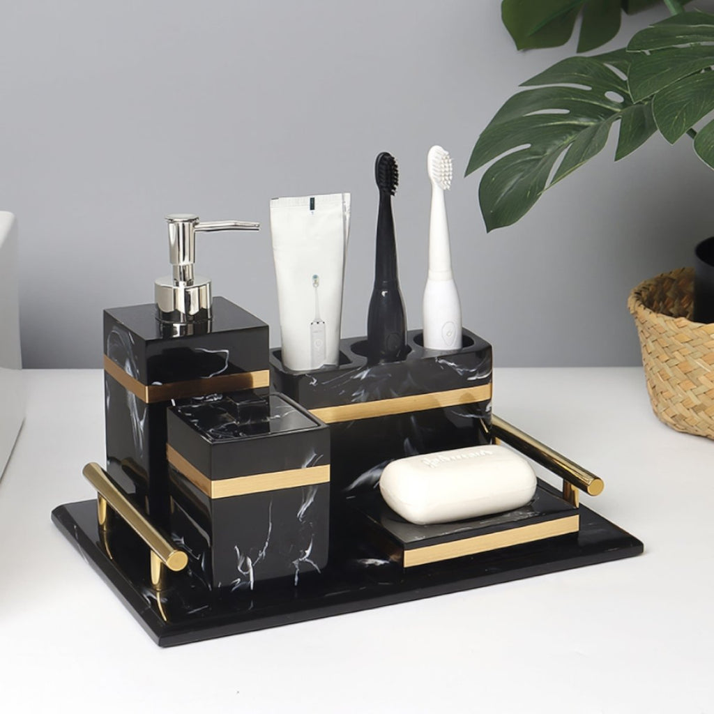 Regal Black Marble Presentation Tray With Gold Rim For The Bathroom | Temsk