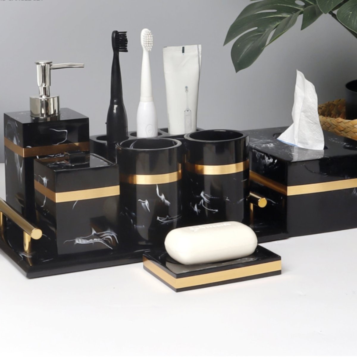 Regal Black Marble Presentation Tray With Gold Rim For The Bathroom | Temsk