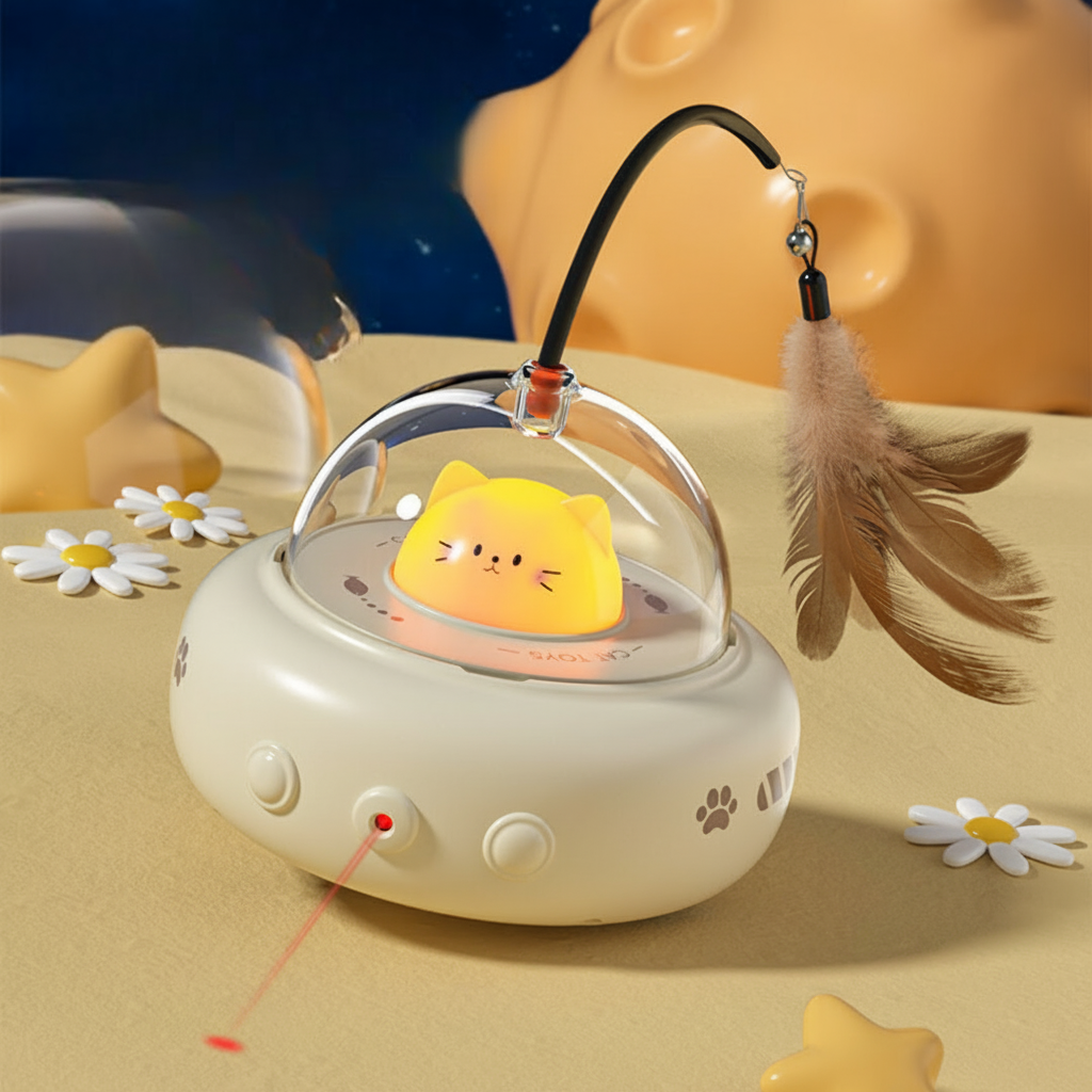 Automatic Laser Cat Toy With UFO Design And Feather Teaser | Temsk