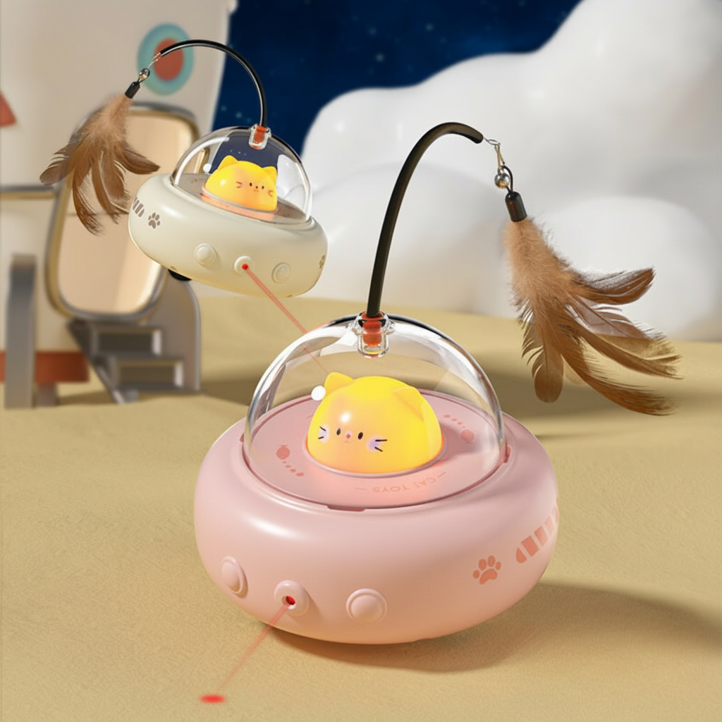 Automatic Laser Cat Toy With UFO Design And Feather Teaser | Temsk