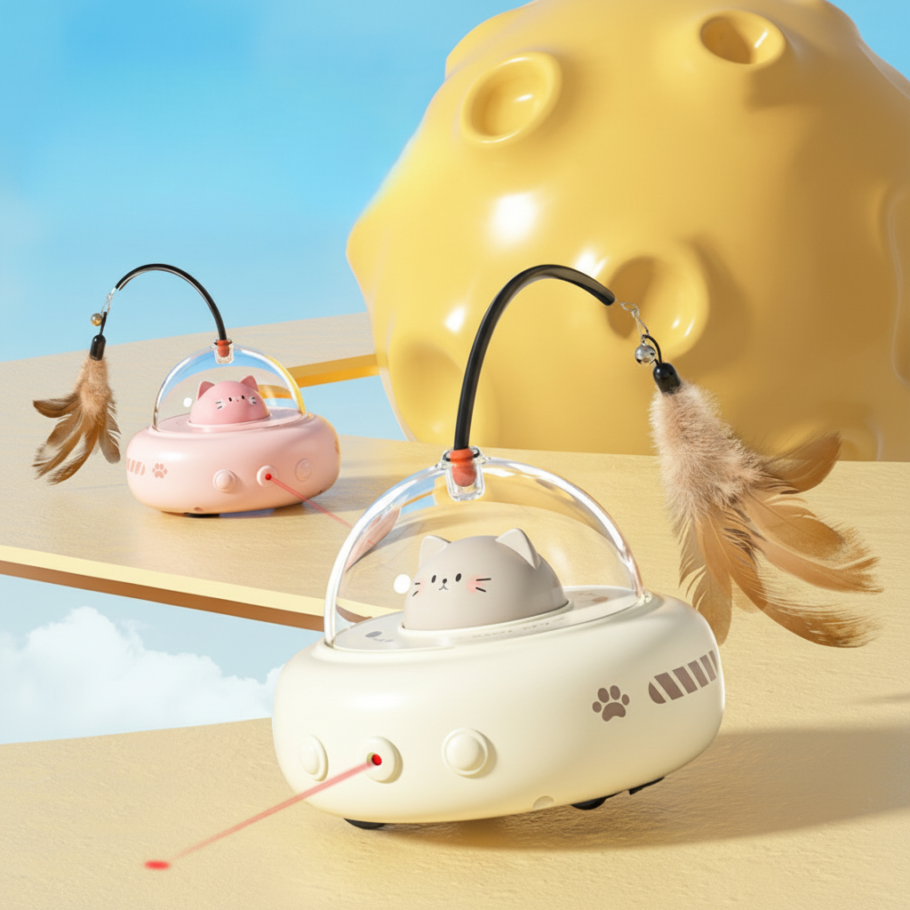 Automatic Laser Cat Toy With UFO Design And Feather Teaser | Temsk