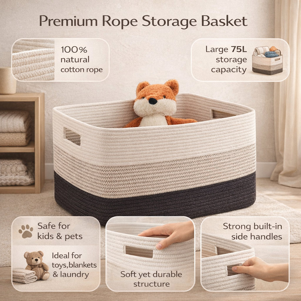 Large Rectangular Rope Laundry Basket With Handles For Storage | Temsk