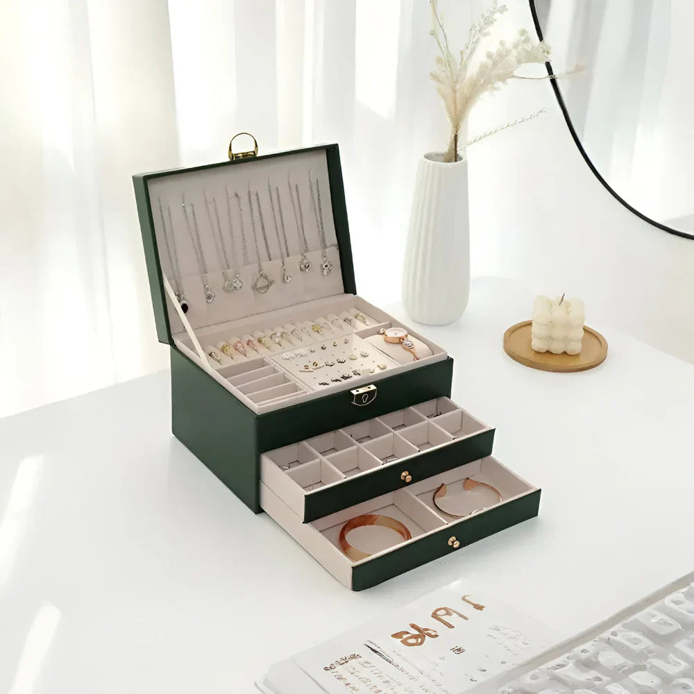 Layered Leather Jewelry Organizer With Textured Exterior Display Unit | Temsk
