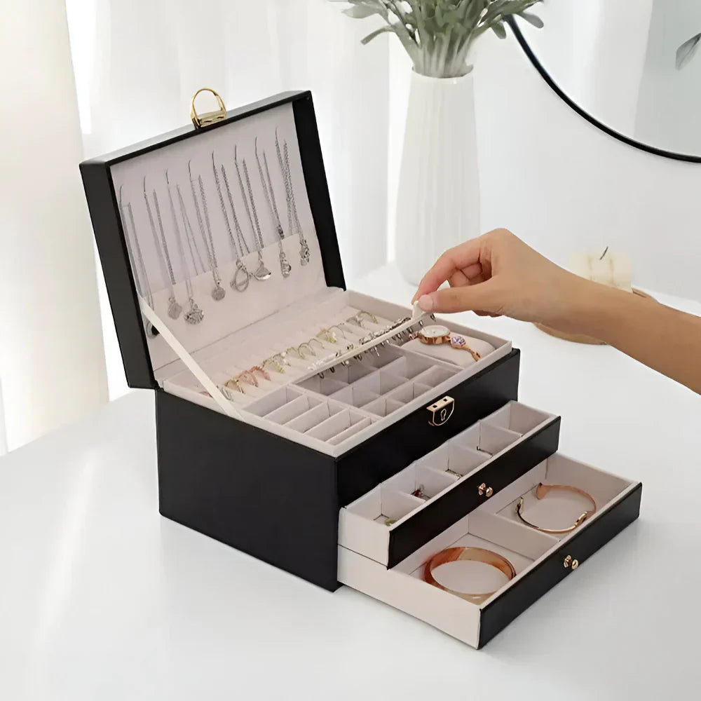 Layered Leather Jewelry Organizer With Textured Exterior Display Unit | Temsk