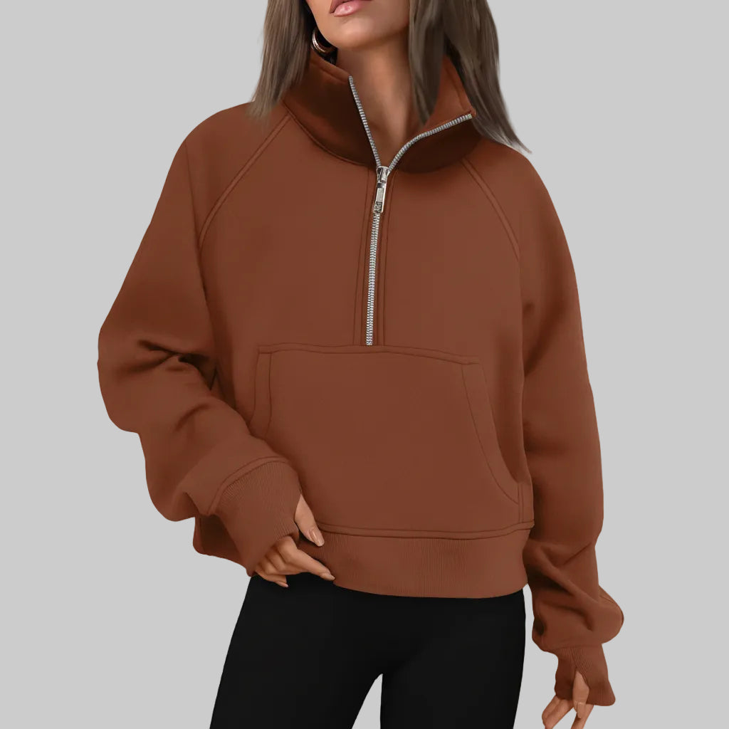 Kvinders cropped fleece-sweatshirt med halv lynlås til daglig varme | Temsk