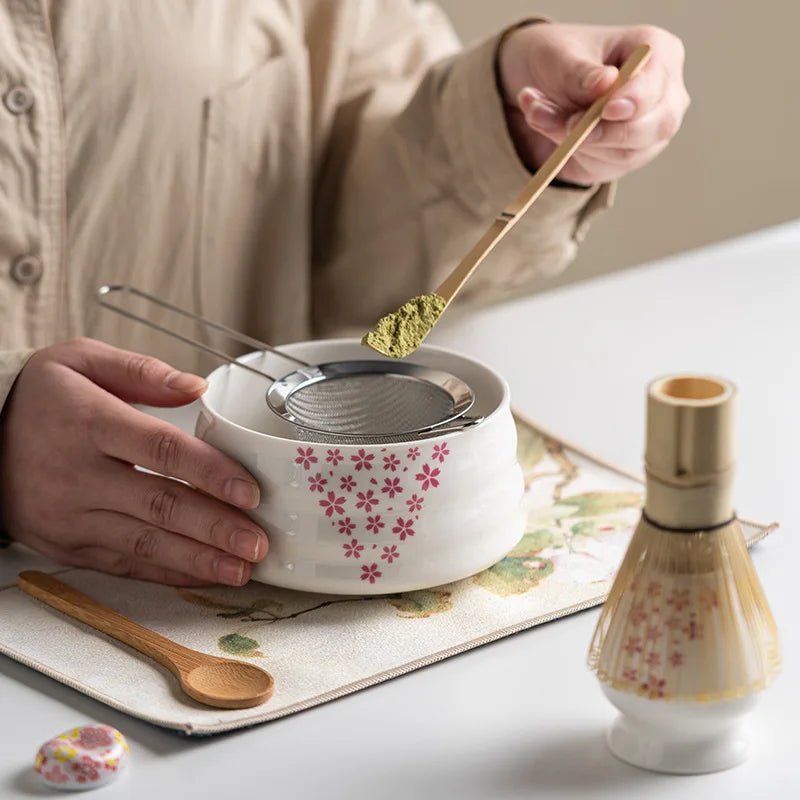 AuroraLeaf Authentic Matcha Tea Set, 8 Piece Cherry Blossom Bowl And Bamboo Whisk | Temsk