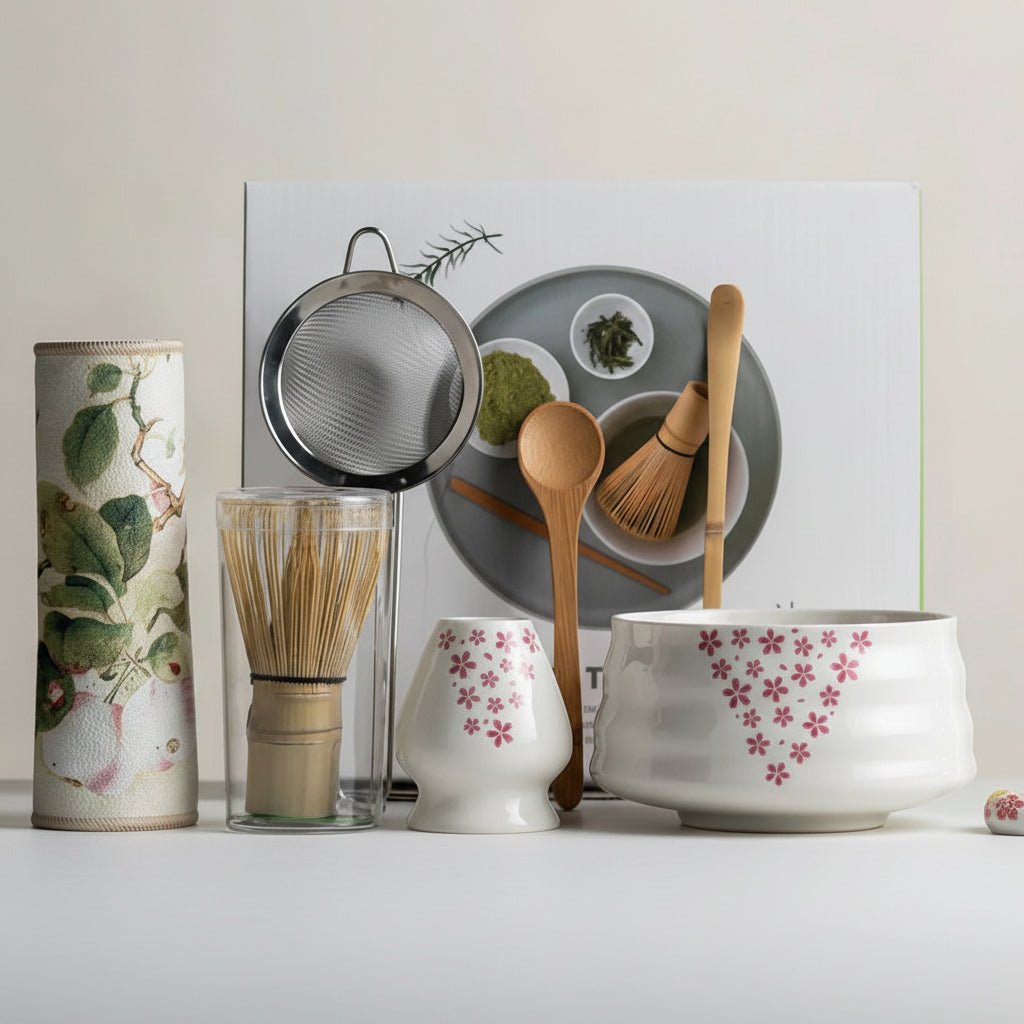 AuroraLeaf Authentic Matcha Tea Set, 8 Piece Cherry Blossom Bowl And Bamboo Whisk | Temsk