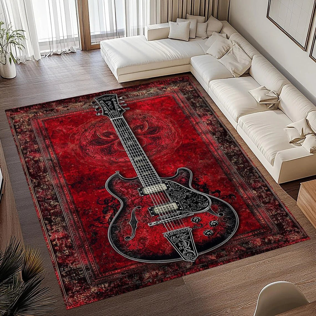 Aurora Vintage Guitar Print Area Rug With Soft Flannel And Non Slip Backing | Temsk