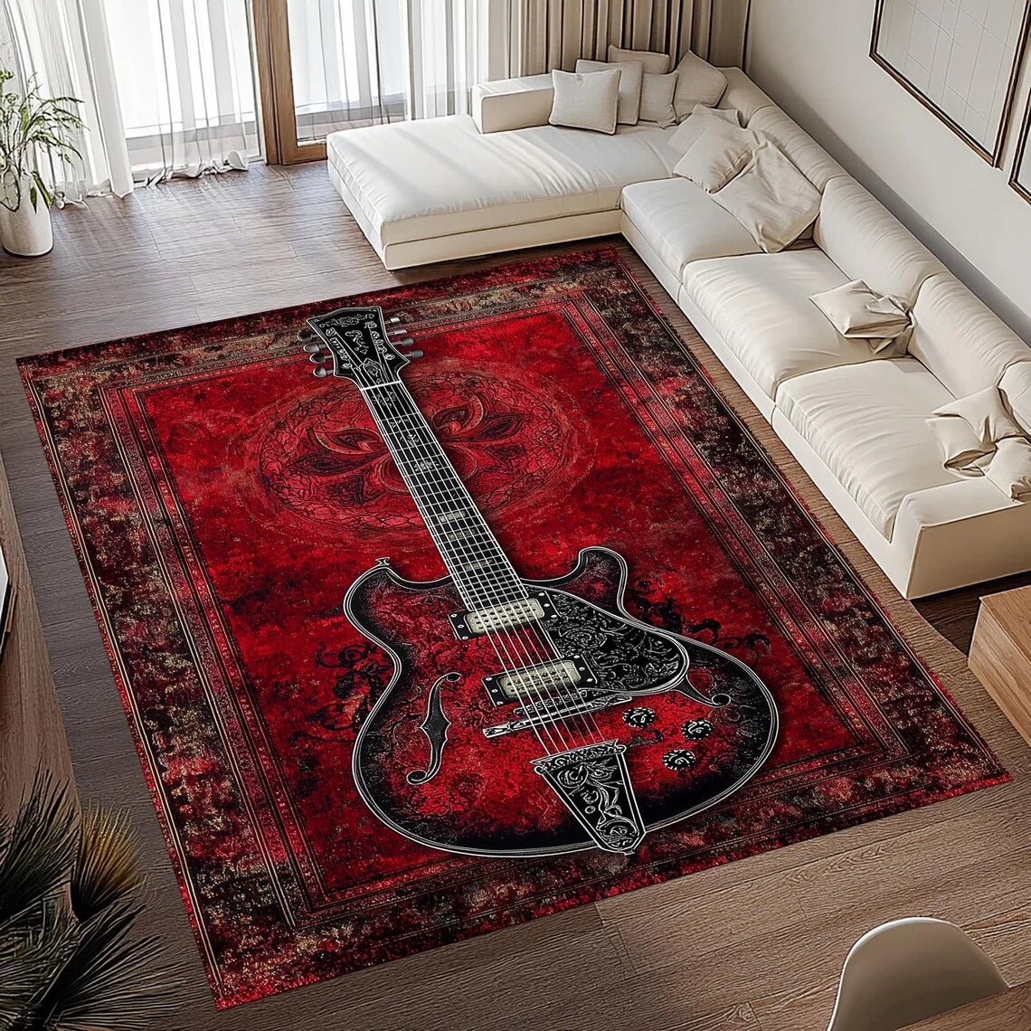 Aurora Vintage Guitar Print Area Rug With Soft Flannel And Non Slip Backing | Temsk