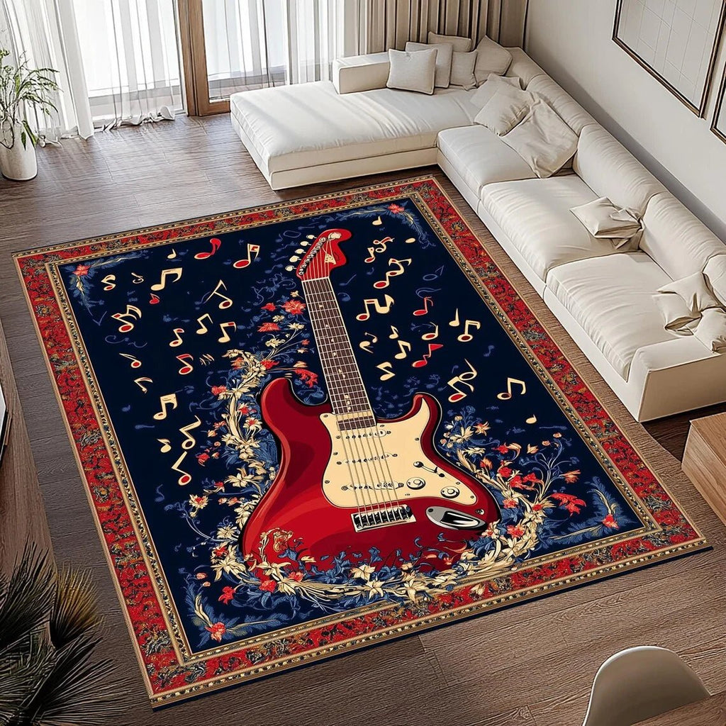 Aurora Vintage Guitar Print Area Rug With Soft Flannel And Non Slip Backing | Temsk