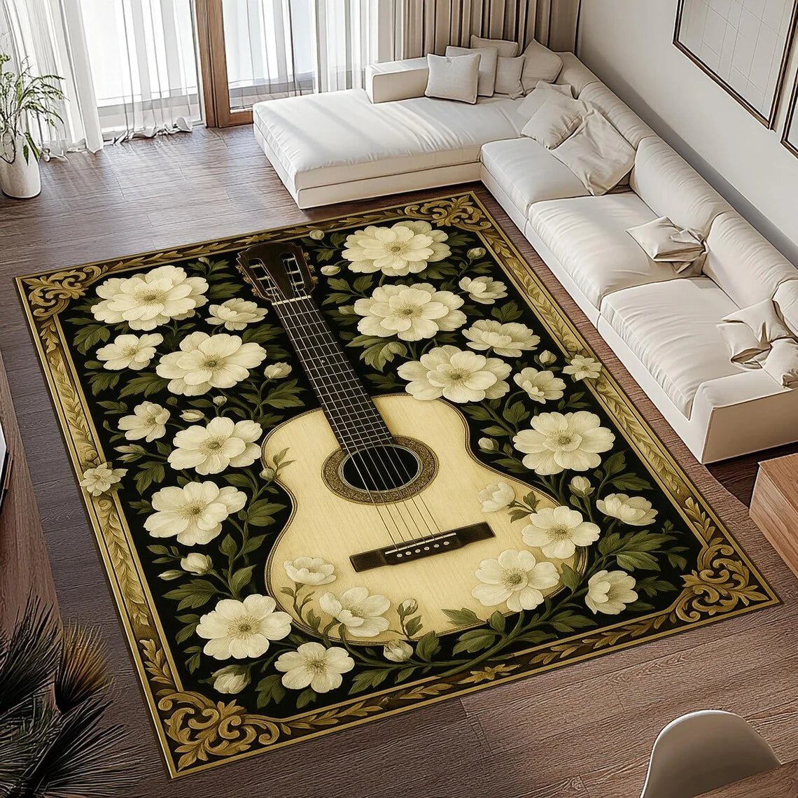 Aurora Vintage Guitar Print Area Rug With Soft Flannel And Non Slip Backing | Temsk