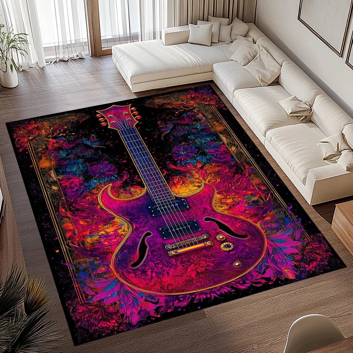 Aurora Vintage Guitar Print Area Rug With Soft Flannel And Non Slip Backing | Temsk