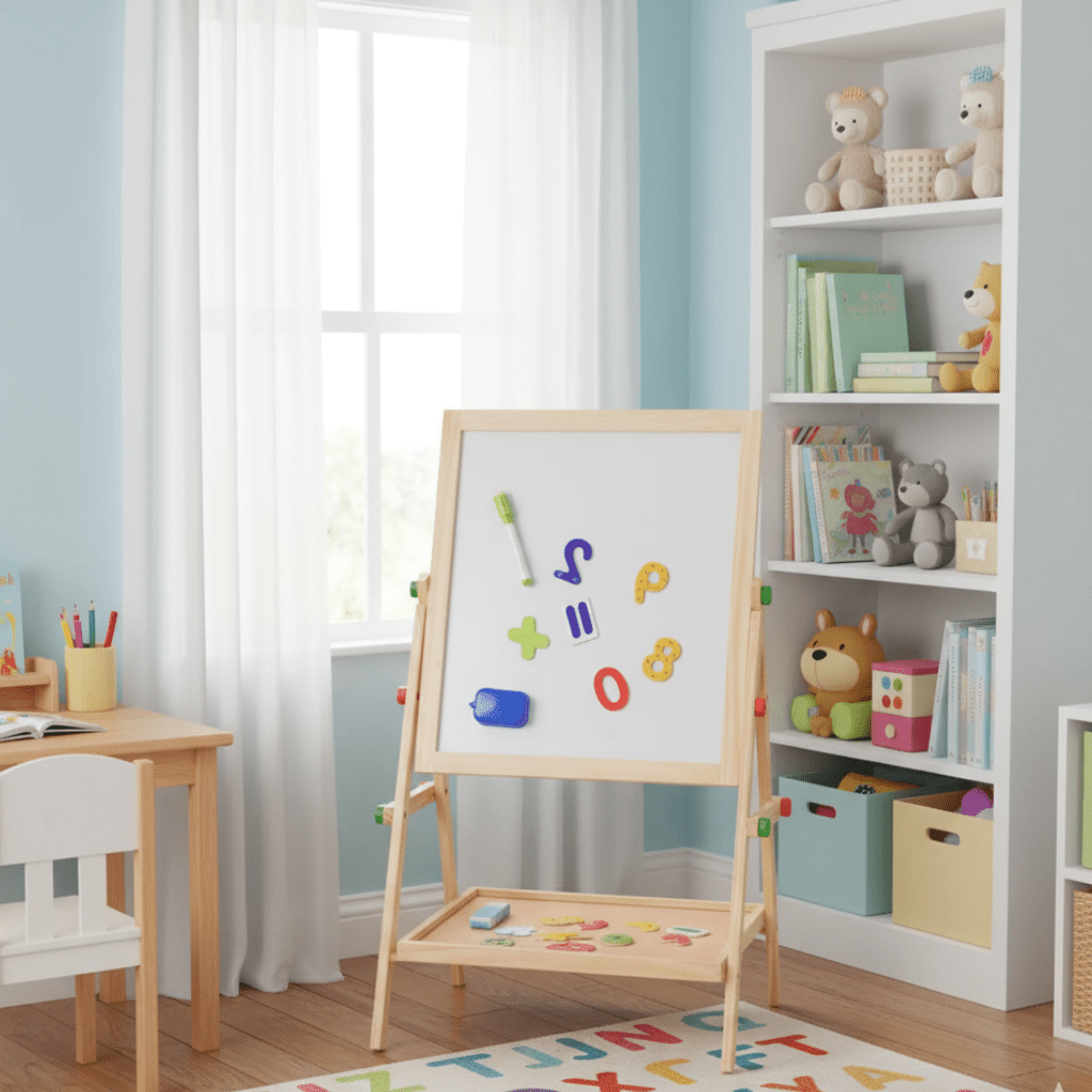 CreativeEase Magnetic Whiteboard And Chalkboard For Kids With Adjustable Wood Frame | Temsk
