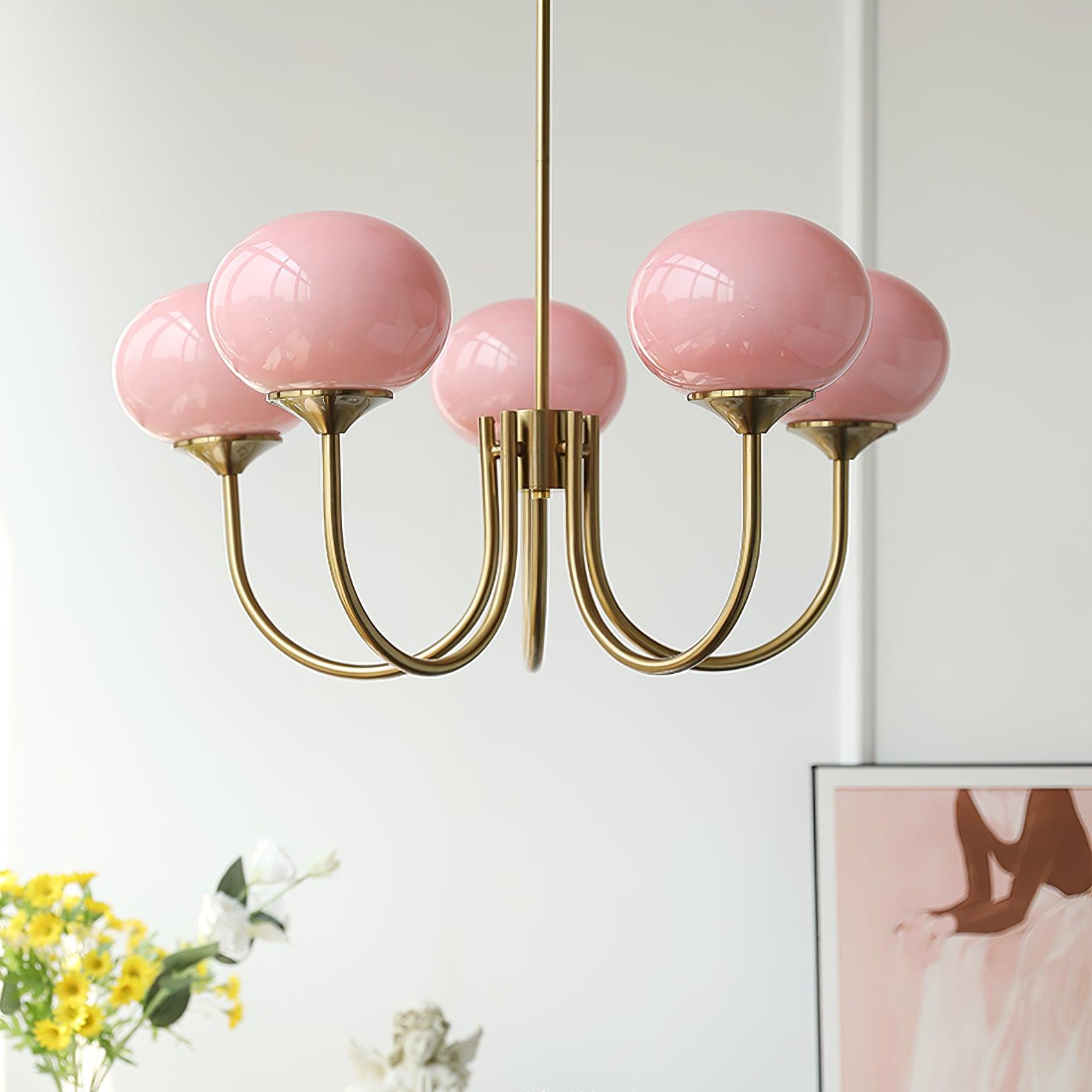 Retro Pink Glass Pendant Ceiling Lamp In Gold Finish, 3 Or 5-Light Fixture For Living Room | Temsk
