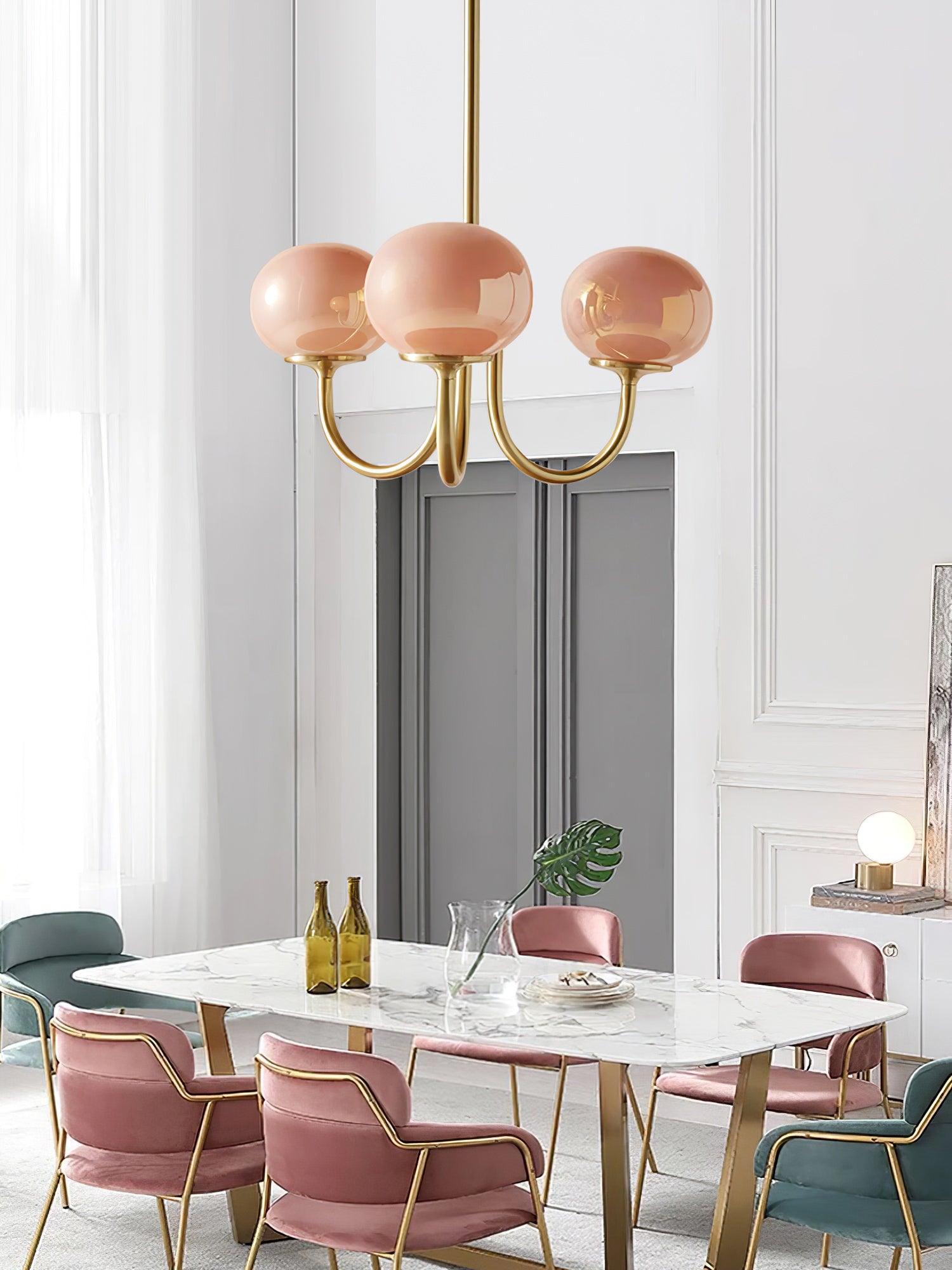 Retro Pink Glass Pendant Ceiling Lamp In Gold Finish, 3 Or 5-Light Fixture For Living Room | Temsk