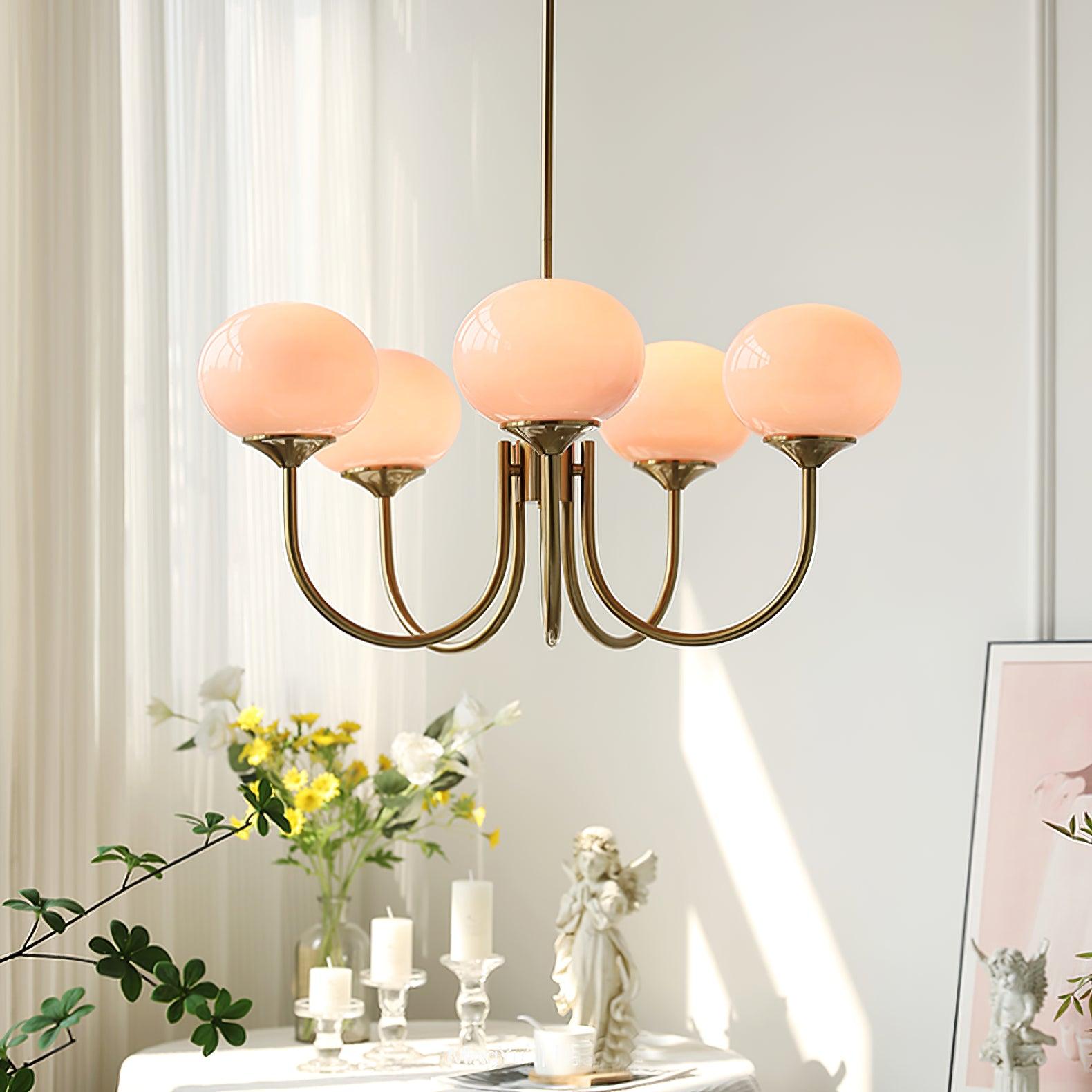 Retro Pink Glass Pendant Ceiling Lamp In Gold Finish, 3 Or 5-Light Fixture For Living Room | Temsk