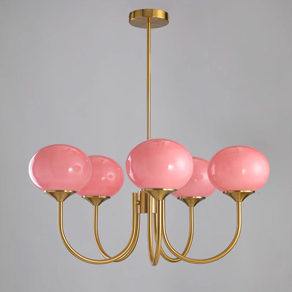 Retro Pink Glass Pendant Ceiling Lamp In Gold Finish, 3 Or 5-Light Fixture For Living Room | Temsk