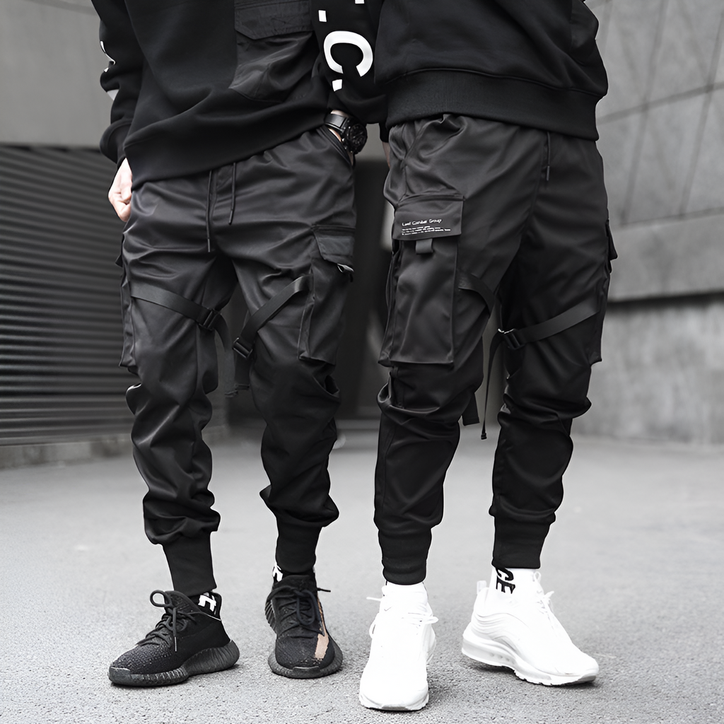 Men's Black Cargo Trousers With Adjustable Straps For Urban Wear | Temsk