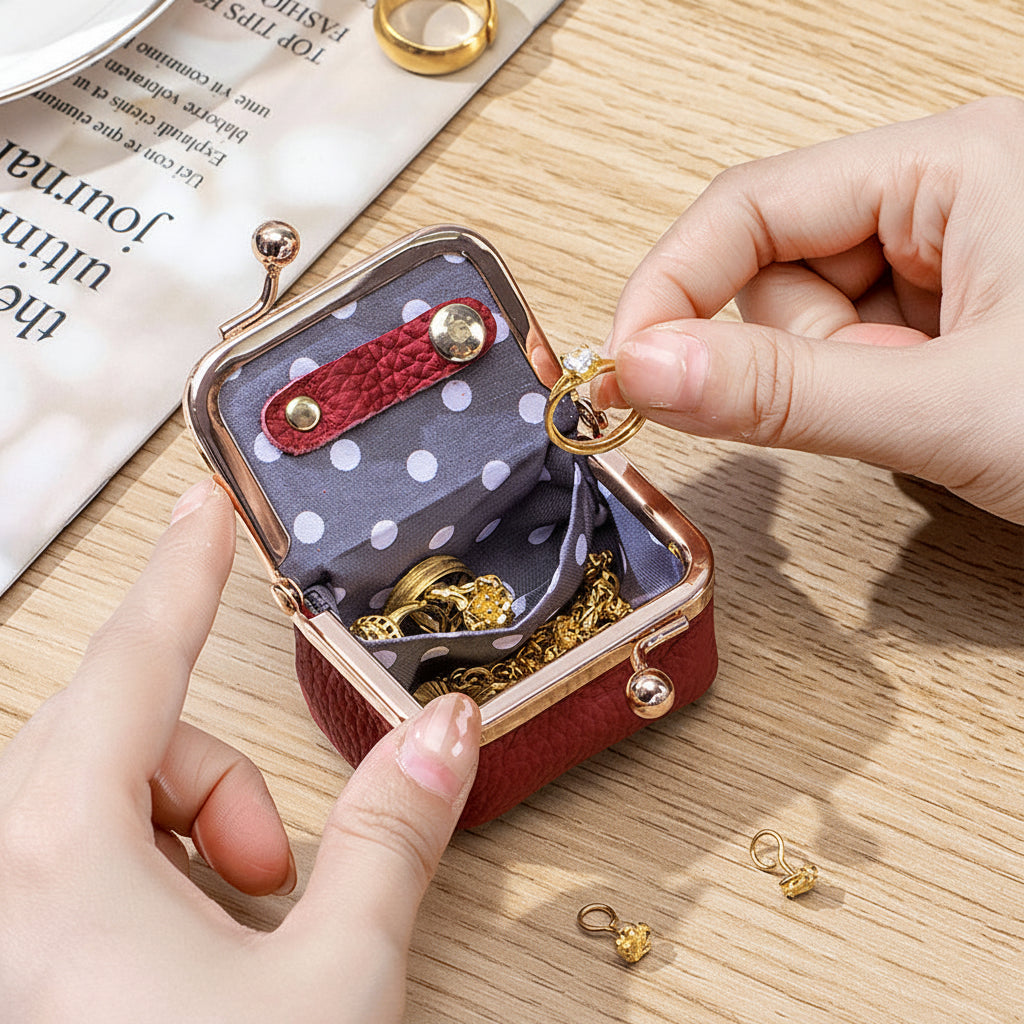 Compact Genuine Leather Jewelry Box With Gold Clasp For Travel | Temsk