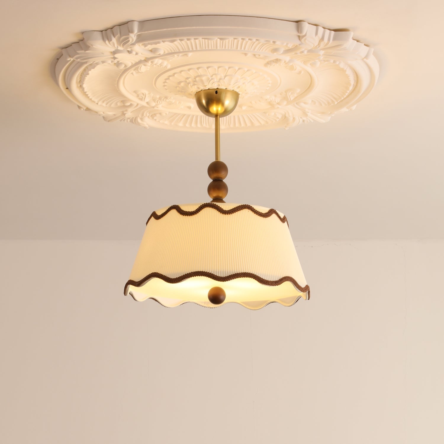 Vintage Cottage Ceiling Light With Pleated Shade And Beaded Wood Details | Temsk