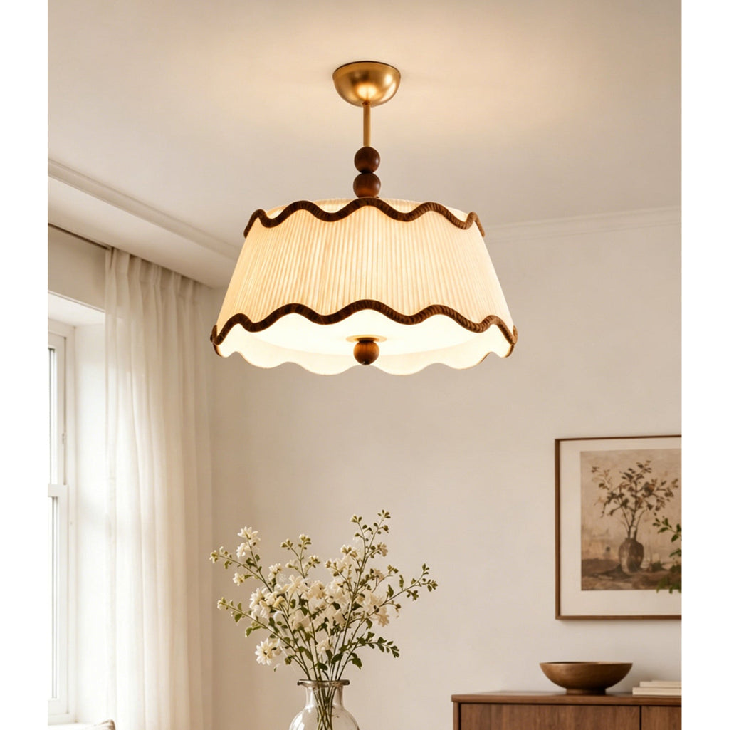 Vintage Cottage Ceiling Light With Pleated Shade And Beaded Wood Details | Temsk