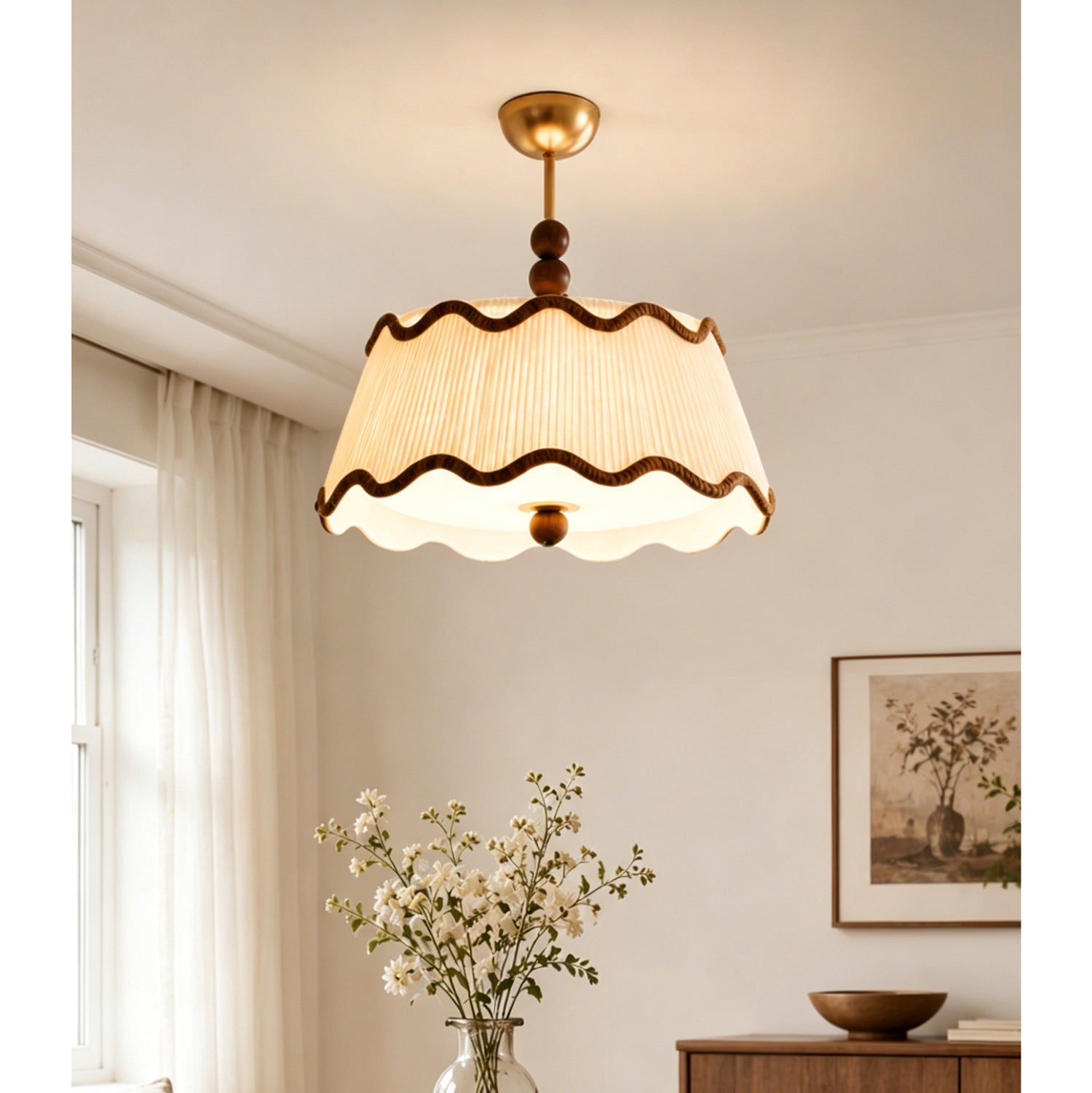 Vintage Cottage Ceiling Light With Pleated Shade And Beaded Wood Details | Temsk