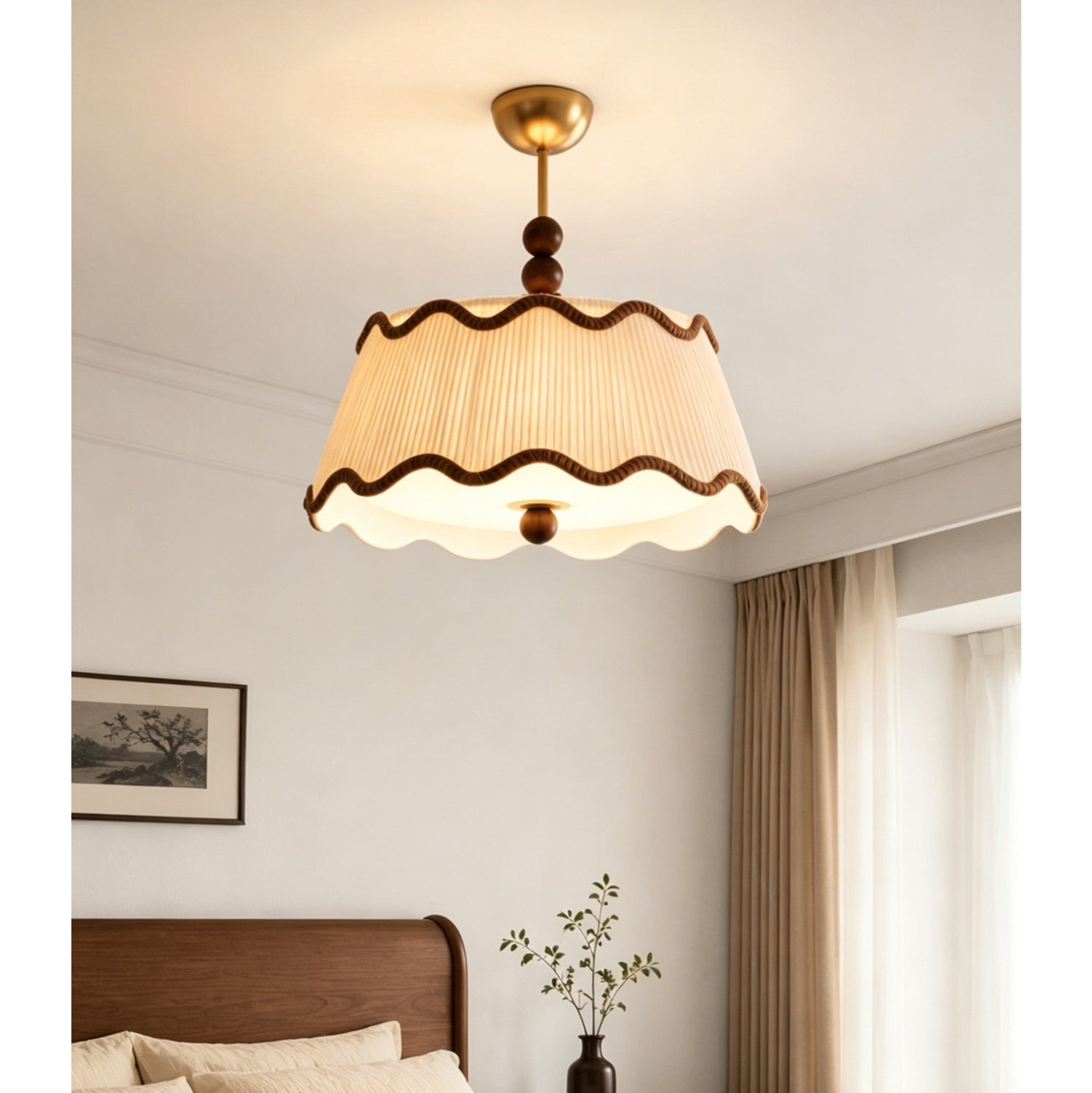 Vintage Cottage Ceiling Light With Pleated Shade And Beaded Wood Details | Temsk
