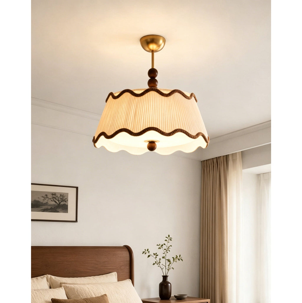 Vintage Cottage Ceiling Light With Pleated Shade And Beaded Wood Details | Temsk