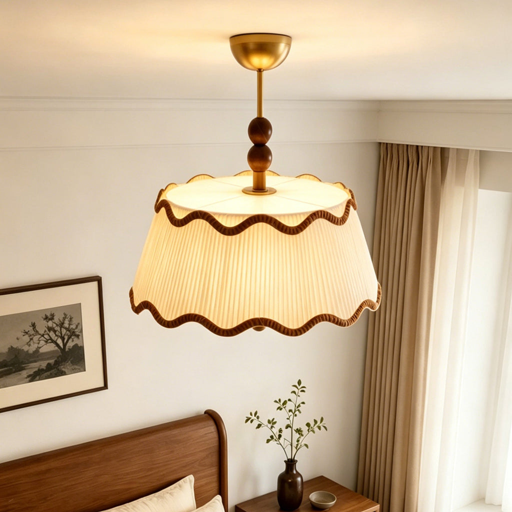 Vintage Cottage Ceiling Light With Pleated Shade And Beaded Wood Details | Temsk