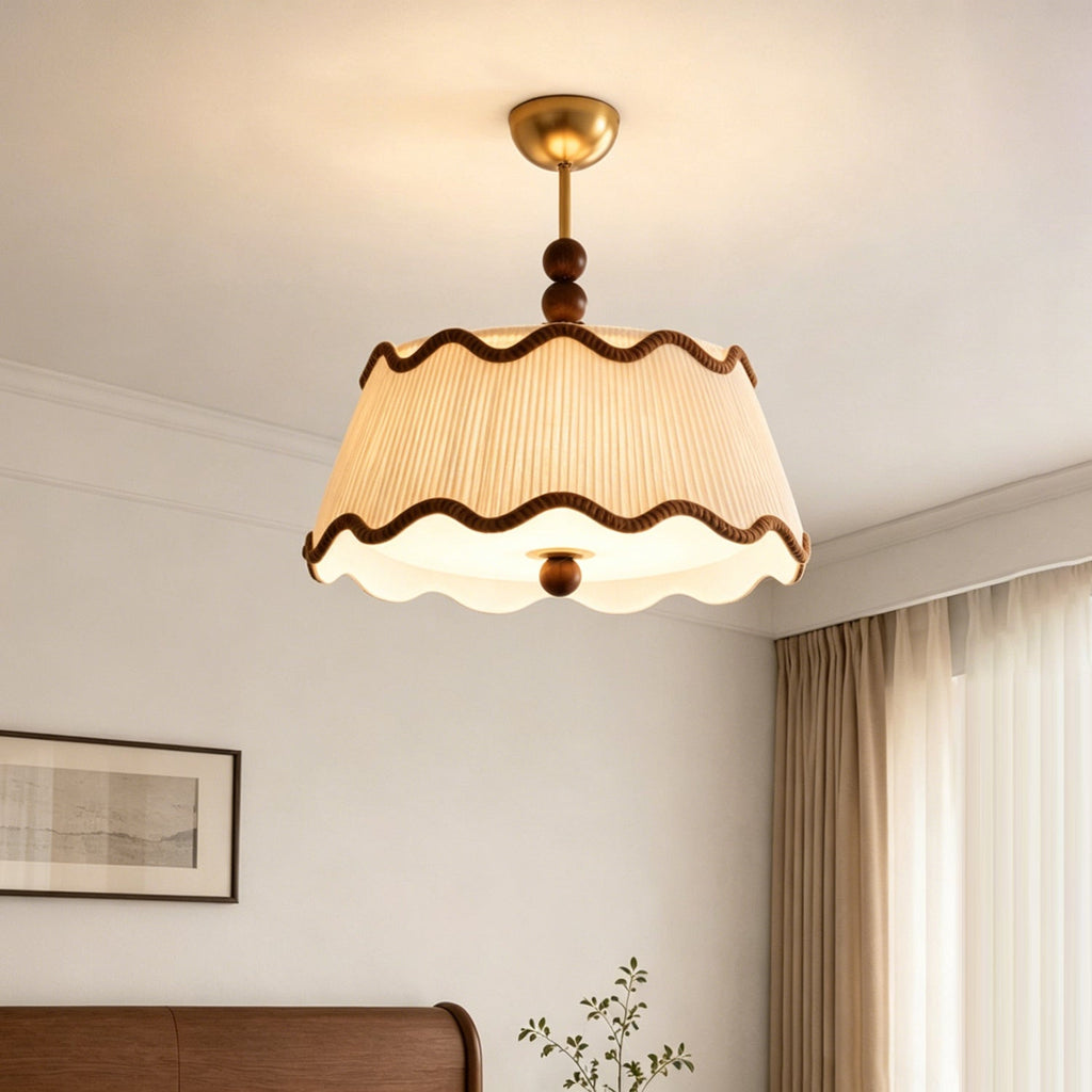 Vintage Cottage Ceiling Light With Pleated Shade And Beaded Wood Details | Temsk
